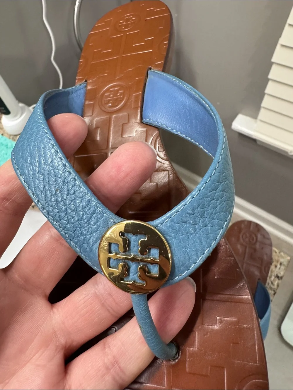 👡Tory Burch Blue Thora Leather Thong Sandals Gold Logo On Tan Footbed, 7.5👡